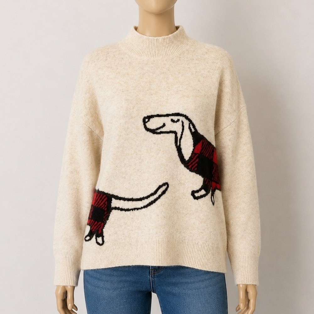 LOFT Womens Sweater Dachshund Dog Graphic Buffalo Plaid Cream XL
